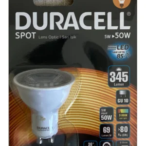Duracell GU10 LED Spot Ampul 5W (50W Eşdeğer) 3000K Sarı Işık 345 Lümen Lens Optik