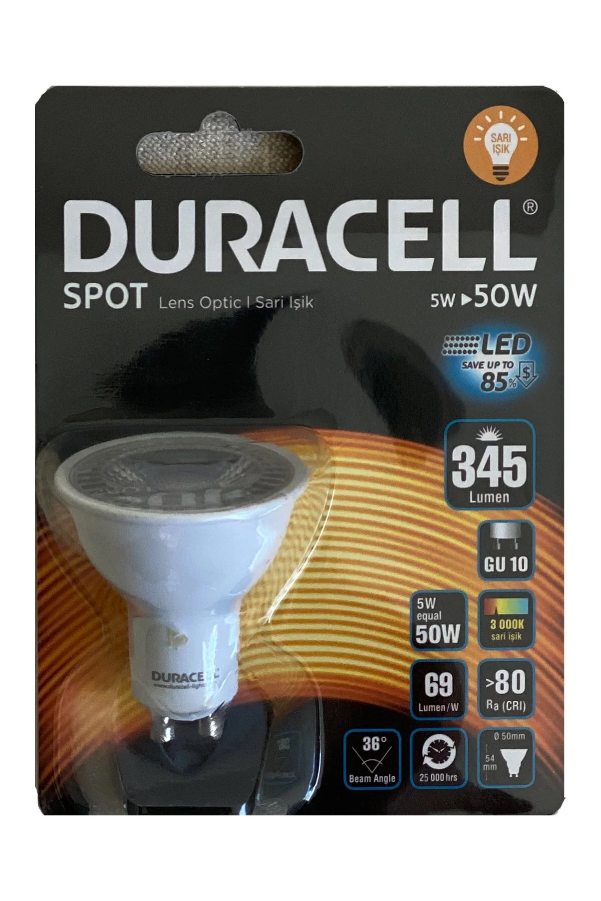 Duracell GU10 LED Spot Ampul 5W (50W Eşdeğer) 3000K Sarı Işık 345 Lümen Lens Optik